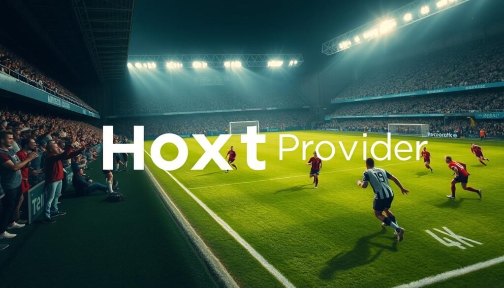 A high-definition 4K live IPTV feed of a soccer match, captured by a professional cinematographer. The scene depicts a dynamic, fast-paced game with players sprinting across a lush, verdant pitch. Dramatic lighting from the stadium's overhead floodlights casts long shadows, creating a sense of depth and intensity. The camera focuses on the action, with a tight framing that immerses the viewer in the game. In the background, the crowd roars with excitement, their cheers and chants creating an electric atmosphere. The Hoxtoon Provider logo is prominently displayed, showcasing their premium 4K IPTV service that delivers the ultimate soccer viewing experience.
