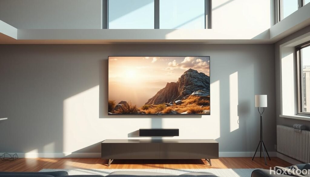 A high-definition 4K live TV streaming service from Hoxtoon Provider, with crisp, vibrant imagery and seamless real-time playback. The scene depicts a modern living room, with a sleek, wall-mounted OLED television displaying a captivating nature documentary in stunning 4K resolution. Sunlight streams through large windows, casting a warm, natural glow on the room's minimalist decor. The viewer's eyes are drawn to the screen, immersed in the life-like details and smooth motion of the content, a testament to the evolution of television entertainment.