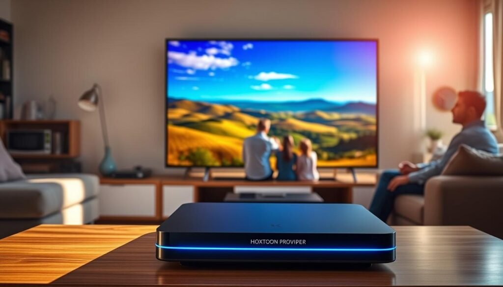 A high-definition 4K television displays a vibrant, expansive landscape of rolling hills and distant mountains, bathed in warm, golden sunlight. In the foreground, a sleek, modern IPTV set-top box from Hoxtoon Provider rests on a polished, wooden entertainment console, its minimalist design and soft blue LED accent lights creating a sophisticated, technologically-advanced ambiance. The middle ground features a group of people gathered around the television, their faces aglow with the crisp, detailed image, immersed in the ultimate viewing experience of 4K Live IPTV Europe. The background showcases a cozy, yet stylish living room, with plush, neutral-toned furnishings and large windows that allow natural light to flood the space, enhancing the sense of comfort and relaxation.