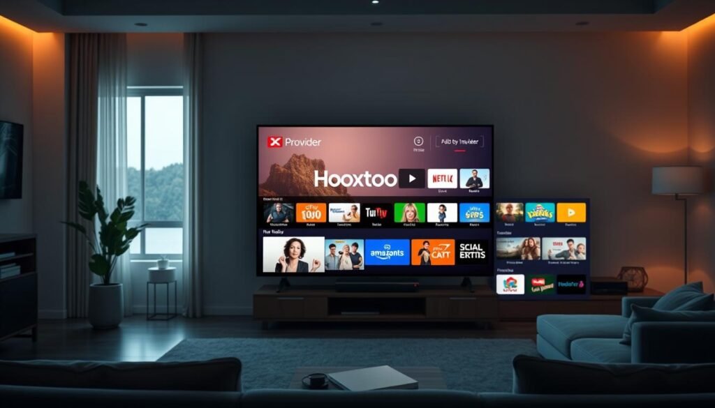 A high-definition IPTV service interface, showcasing a sleek and modern user experience. The foreground features a grid of crisp, vibrant channel icons, each displaying its unique content. In the middle ground, a realistic 4K television screen displays live programming from the "Hoxtoon Provider" IPTV service, showcasing the exceptional image quality. The background is a stylish, minimalist living room setting, bathed in warm, natural lighting, conveying a sense of comfort and entertainment. The overall scene captures the evolution of television, transitioning from traditional cable to the immersive, on-demand world of IPTV.
