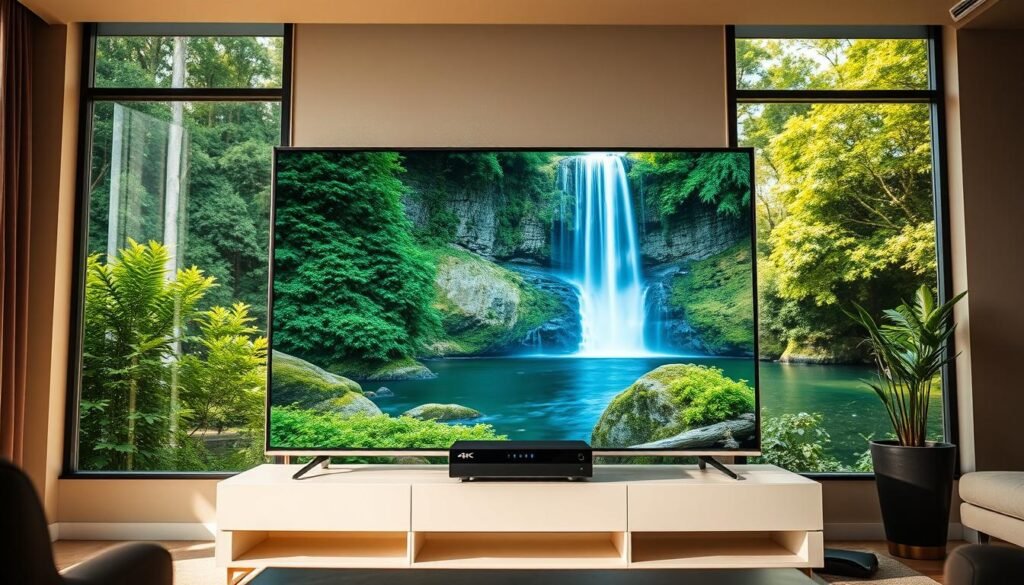 A high-definition IPTV service offered by the Hoxtoon Provider, showcasing a sleek and modern user interface. In the foreground, a large 4K television displays a vibrant, crystal-clear image of a nature documentary, with lush green foliage and a majestic waterfall cascading in the background. Warm, directional lighting highlights the television's glossy screen, creating a sense of depth and immersion. In the middle ground, a high-end streaming box or set-top device sits atop a minimalist entertainment center, its clean lines and subtle LED indicators complementing the sophisticated aesthetic. The background features a contemporary living room setting, with floor-to-ceiling windows allowing natural light to flood the space, illuminating the rich textures and muted tones of the furnishings.