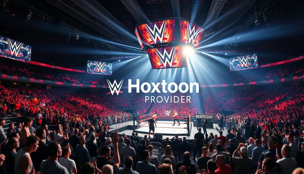 A high-definition broadcast studio captured in a cinematic wide-angle view, showcasing the vibrant live action of a WWE event in stunning 4K resolution. The Hoxtoon Provider logo prominently displayed, signaling the delivery of this premium IPTV service. Dramatic lighting illuminates the stage, wrestlers, and the energy-filled audience, creating an immersive and captivating atmosphere. The camera's crisp focus and dynamic angles emphasize the detailed, lifelike quality of the imagery, transporting the viewer directly into the heart of the WWE spectacle.