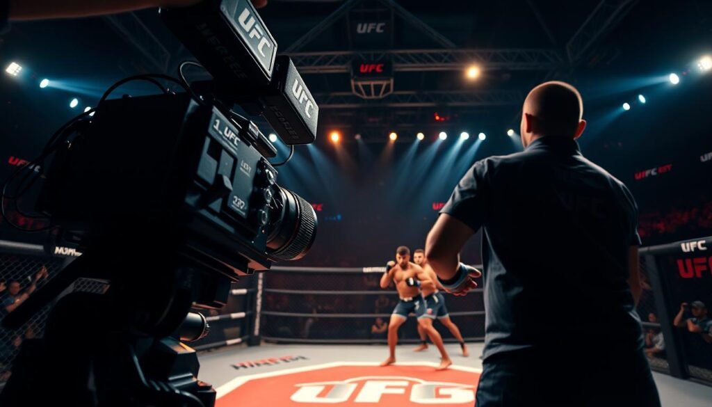 A high-definition, cinematic live stream of a UFC match, captured with a professional-grade camera and lens setup. The octagon is brightly lit, creating sharp contrasts and vivid colors. The fight is shown from multiple dynamic angles, immersing the viewer in the action. The broadcast is powered by the Hoxtoon Provider, delivering an ultra-clear, lag-free experience. The overall atmosphere conveys the intensity and excitement of a thrilling UFC event.