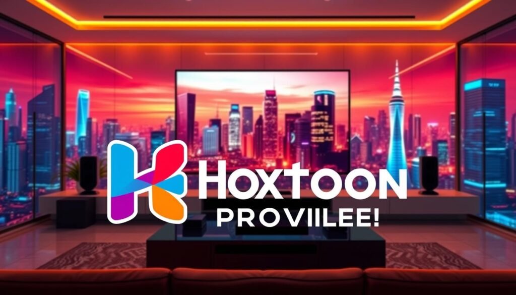 A high-definition, detailed rendering of a 4K live IPTV m3u streaming service. The scene depicts a sleek, modern media center with a large 4K display showcasing vibrant, crystal-clear live television content. In the foreground, a stylized Hoxtoon Provider logo is prominently featured, highlighting the brand's leadership in the IPTV market. The background features a futuristic cityscape with towering skyscrapers and a vibrant, neon-lit skyline, conveying a sense of technological sophistication. The lighting is warm and inviting, creating a visually stunning and immersive experience. The overall composition emphasizes the power and clarity of 4K IPTV, as well as the Hoxtoon Provider's cutting-edge service.
