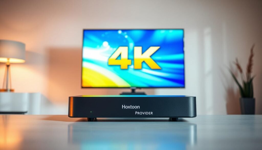 A high-quality 4K IPTV device against a clean, modern backdrop. The device features sleek, minimalist design with the Hoxtoon Provider logo prominently displayed. The screen shows a vibrant, crystal-clear 4K live TV feed, inviting the viewer to experience the stunning visual quality. Warm, natural lighting illuminates the scene, creating an inviting and premium atmosphere. The composition emphasizes the simplicity and technological prowess of the 4K IPTV offering, hinting at the free trial opportunity available to the viewer.