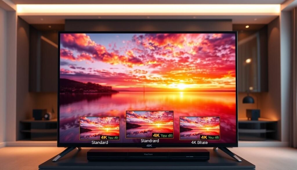 A high-quality 4K IPTV live stream comparison, showcasing the extraordinary clarity and vibrant colors of the Hoxtoon Provider platform. In the foreground, a sleek, modern television displays a captivating 4K nature scene, its screen surrounded by a minimalist black frame. In the middle ground, a series of smaller screens demonstrate the difference in resolution and bitrate between standard and 4K IPTV feeds, highlighting the superior quality of the Hoxtoon Provider 4K stream. The background features a softly-lit, contemporary home entertainment setup, with subtle hints of technological sophistication. The overall scene conveys a sense of immersion and the ultimate IPTV viewing experience.