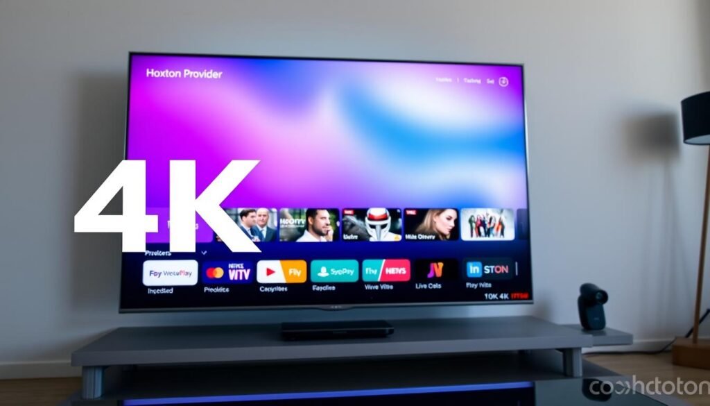 A high-quality 4K IPTV live stream playing on a sleek, modern TV screen. The image showcases the superior picture quality and clarity of 4K resolution, with vibrant colors, deep blacks, and exceptional detail. In the foreground, the Hoxtoon Provider logo is prominently displayed, indicating the provider of these premium 4K live channels. The middle ground features various content icons and media controls, highlighting the user-friendly interface and easy access to a wide range of live programming. The background depicts a minimalist, contemporary living room setting, emphasizing the seamless integration of IPTV technology into the home entertainment experience.