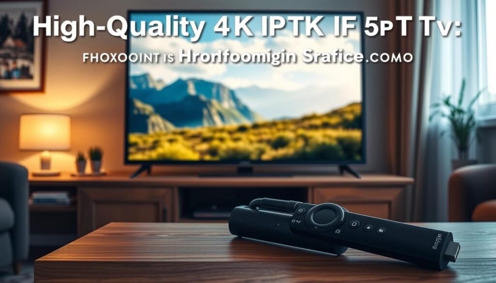 A high-quality 4K IPTV streaming service with the Hoxtoon Provider brand, showcasing a sleek and modern user interface on a Firestick device. The scene features a cozy living room setting, with the Firestick device prominently displayed on a wooden entertainment center. The TV screen displays a vibrant, crystal-clear image of a nature documentary, immersing the viewer in the cinematic experience. Soft, warm lighting illuminates the room, creating a comfortable and inviting atmosphere. The overall composition emphasizes the convenience and entertainment value of the Hoxtoon Provider IPTV service on the Firestick platform.
