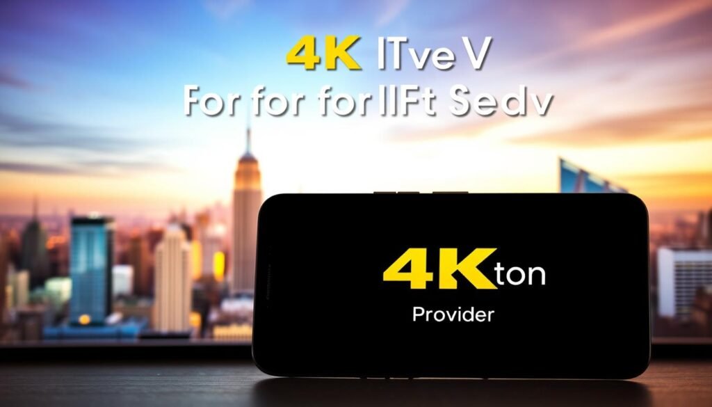 A high-quality 4K live IPTV streaming service for Android devices, showcased on a sleek black smartphone against a backdrop of a vibrant cityscape. The phone displays the Hoxtoon Provider logo, highlighting its premium offering. Soft lighting creates a warm, inviting atmosphere, while the cityscape in the background suggests the global reach and accessibility of this IPTV solution. The composition emphasizes the seamless integration of technology and entertainment, conveying the benefits of 4K live IPTV for Android users.
