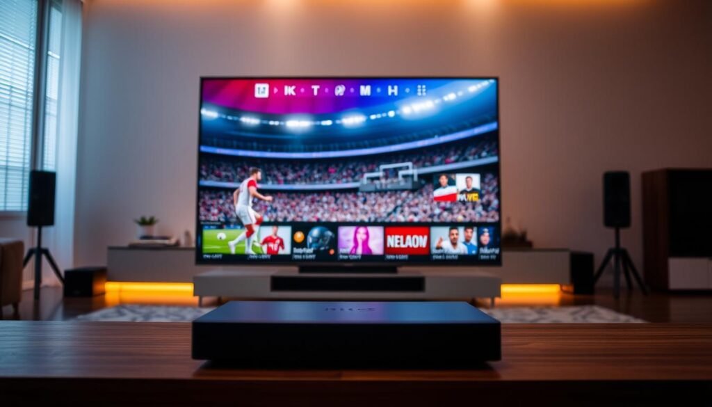 A high-quality 4K live IPTV streaming service with a vibrant electronic programming guide (EPG) from the top IPTV provider in the USA, Hoxtoon Provider. In the foreground, a sleek smart TV displays a crisp, high-resolution image of a live sports event. The middle ground features a modern, minimalist home entertainment setup with a streaming box and remote control. In the background, the room is bathed in a warm, ambient lighting that enhances the premium viewing experience. The overall scene conveys the benefits of choosing a 4K live IPTV service that offers exceptional picture quality, a comprehensive EPG, and a seamless user interface for an immersive home entertainment setup.