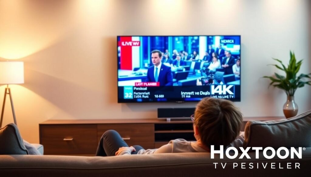 A high-quality 4K live TV streaming experience with Hoxtoon Provider. The scene depicts a sleek, modern living room with a large flat-screen TV mounted on the wall. The TV displays a vibrant, crystal-clear image of a live news broadcast, with the Hoxtoon Provider logo prominently displayed in the bottom right corner. In the foreground, a person is relaxing on a comfortable sofa, enjoying the immersive viewing experience. The lighting in the room is warm and inviting, creating a cozy atmosphere. The overall composition reflects the premium, reliable, and seamless nature of Hoxtoon Provider's live TV streaming service.