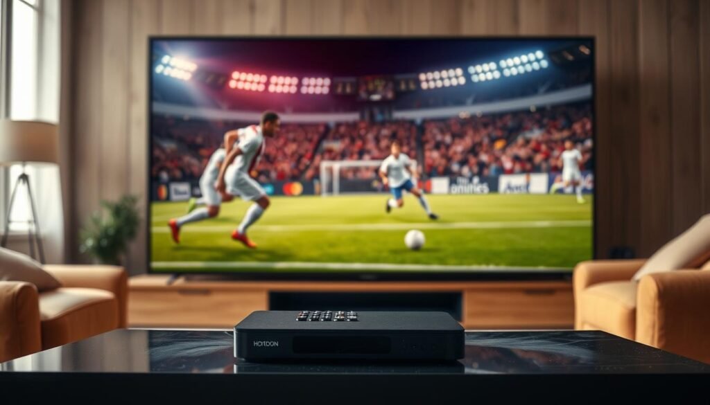 A high-quality 4K live sports stream on a Hoxtoon Provider IPTV service. In the foreground, a large widescreen television displays an exciting soccer match, with the players sharply detailed and the crowd atmosphere palpable. The middle ground features a sleek, modern IPTV set-top box and remote control, while the background showcases a cozy living room setting with comfortable furnishings. Warm, natural lighting and a focus on the television screen create an immersive, cinematic viewing experience. The overall mood conveys the thrill and convenience of accessing premium live sports content through a reliable IPTV provider.