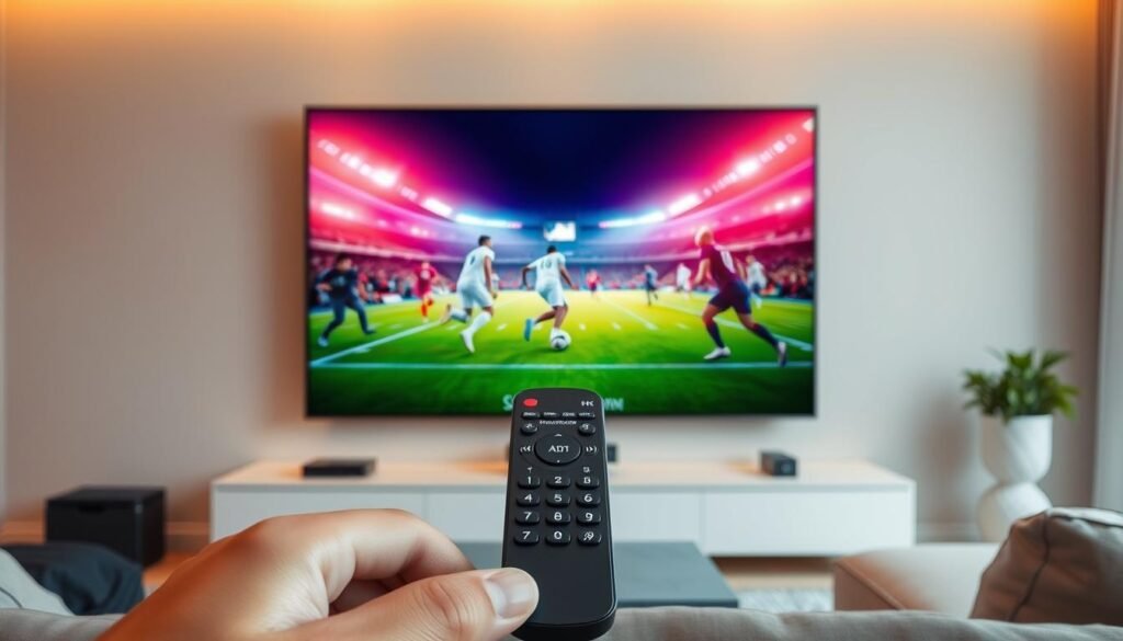 A high-quality, 4K-resolution IPTV service displaying a live sports broadcast on a large, ultra-HD television screen. The scene depicts a modern living room with minimalist decor, warm lighting, and a sleek, dark-framed television mounted on the wall. In the foreground, a Hoxtoon Provider remote control is prominently placed, symbolizing the seamless user experience. The middle ground showcases the vivid, detailed 4K sports footage, with players in action and spectators visible in the background. The overall atmosphere conveys a sense of immersion and excitement, capturing the ultimate fan experience for live sports enthusiasts.