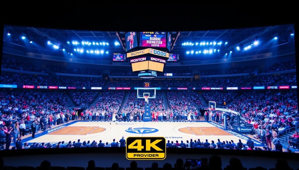 A high-quality, 4K resolution live NBA game stream plays on a large, curved ultra-high-definition television screen, showcasing the vivid detail and vibrant colors of the court, players, and crowd. The lighting is natural and evenly distributed, with a slight soft focus effect to create a cinematic atmosphere. The camera angle is slightly elevated, providing a panoramic view of the action. In the foreground, a Hoxtoon Provider logo is discretely displayed, highlighting the reliable streaming service delivering the immersive 4K experience.