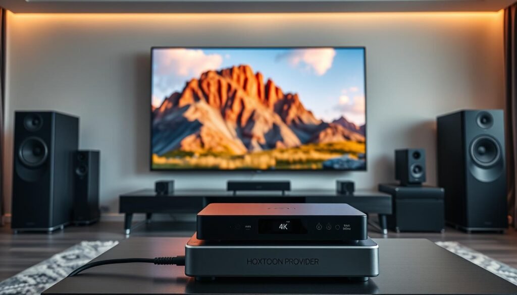 A high-quality 4K ultra-HD IPTV setup with the Hoxtoon Provider brand. The scene features a modern living room with a large 75-inch 4K TV mounted on the wall, surrounded by sleek home theater equipment. In the foreground, a slim-profile set-top box with the Hoxtoon Provider logo sits atop a media console, connected to the TV via a high-speed HDMI cable. Mood lighting accents the setup, creating a warm, cinematic ambiance. The TV displays a vibrant, crystal-clear 4K nature documentary, showcasing the format's exceptional detail and color fidelity. The entire scene is captured with a wide-angle lens to emphasize the high-end, immersive 4K IPTV experience.