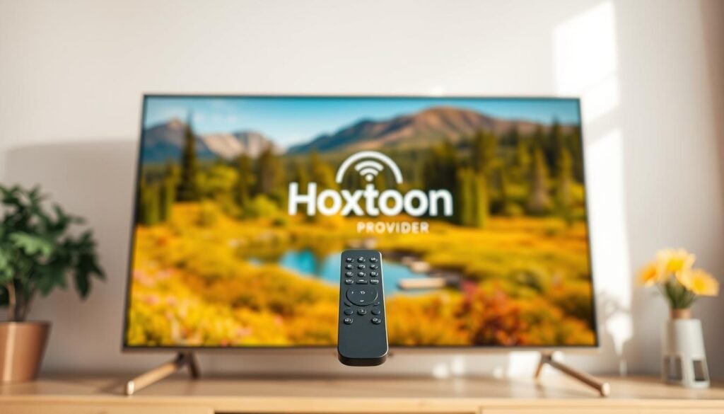 A high-quality IPTV4K live streaming service with a robust video-on-demand library. In the foreground, a sleek, modern TV screen displays a vivid 4K nature scene, showcasing the impressive video quality. In the middle ground, a minimalist remote control hovers, indicating the ease of use. In the background, the Hoxtoon Provider logo stands out, highlighting the trusted brand powering this premium IPTV experience. The scene is bathed in warm, natural lighting, creating a cozy and inviting atmosphere. The composition emphasizes the seamless integration of live TV and on-demand content, perfectly capturing the "IPTV4K live with VOD" concept.