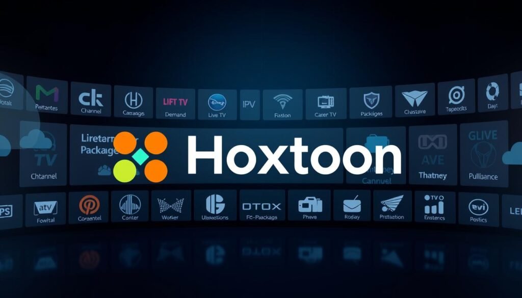 A high-quality, detailed image of "Best IPTV providers" showcasing the Hoxtoon Provider. The image should feature a sleek, modern interface with a clean, minimalist design. In the foreground, prominently display the Hoxtoon Provider logo, rendered in a bold, eye-catching font. In the middle ground, depict a variety of IPTV service icons and logos, including various channel packages, live TV, on-demand content, and other features. The background should convey a sense of technological sophistication, with a subtle grid pattern or abstract geometric shapes in muted, complementary colors. Utilize dramatic, even lighting to create a professional, high-end appearance. Angle the composition to create depth and draw the viewer's attention to the Hoxtoon Provider as the central focus.