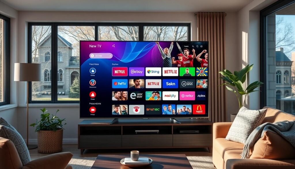 A high-quality, reliable IPTV service with the Hoxtoon Provider brand, showcasing a sleek and modern user interface on a 4K smart TV. The service provides crystal-clear, uninterrupted live streaming of premium channels, movies, and sports events from around the world. The screen displays a vibrant, colorful UI with intuitive navigation, highlighting the key features like a vast content library, instant search, and personalized recommendations. The living room setting exudes a cozy, comfortable atmosphere, with ample natural lighting filtering through large windows. The overall scene conveys a sense of premium quality, dependability, and a seamless IPTV experience.