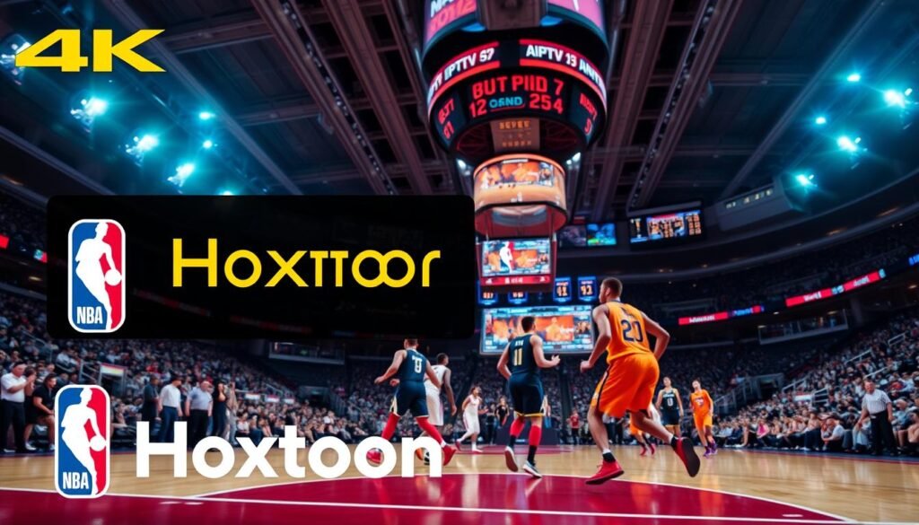 A high-resolution 4K IPTV broadcast of a dynamic NBA basketball game. In the foreground, a Hoxtoon Provider logo is prominently displayed, signifying the live streaming service. The middle ground features basketball players in motion, their jerseys capturing the intensity of the game. The background showcases a modern, sleek arena with vibrant lighting, creating an immersive viewing experience. The scene is captured with a wide-angle lens, emphasizing the grandeur of the event. An atmosphere of excitement and energy permeates the image, inviting the viewer to imagine the thrill of watching the game in 4K live IPTV quality.