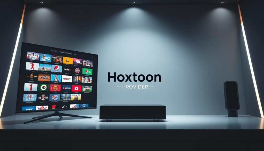 A high-resolution 4K IPTV service in a sleek, modern interface. In the foreground, a high-contrast display showcases a diverse selection of live international TV channels, with crisp visuals and vibrant colors. In the middle ground, the "Hoxtoon Provider" brand logo stands prominently, conveying a sense of trustworthiness and quality. The background features a minimalist, tech-inspired design with clean lines and subtle gradients, creating a professional and sophisticated atmosphere. Soft, directional lighting illuminates the scene, emphasizing the clarity and sharpness of the 4K resolution. The overall composition conveys the power and versatility of 4K live IPTV services, catering to the discerning tastes of international viewers.