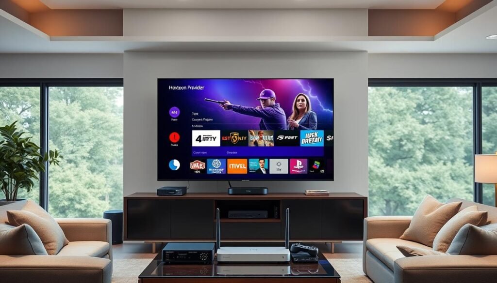 A high-resolution 4K IPTV streaming setup, showcasing a sleek and modern living room interior. In the foreground, a flat-screen TV displays the Hoxtoon Provider interface, its crisp visuals and vibrant colors capturing the viewer's attention. Surrounding the TV, various streaming devices and a powerful router sit atop a contemporary entertainment unit, conveying the technical aspects of a robust IPTV infrastructure. The middle ground features comfortable seating arrangements, creating an inviting atmosphere for enjoying the immersive 4K viewing experience. The background features large windows, allowing natural light to flood the space and highlighting the luxurious yet functional design. The overall scene exudes a sense of sophistication and technological prowess, perfectly capturing the legal and practical aspects of IPTV services in the United States.
