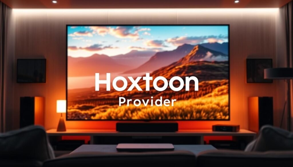 A high-resolution 4K display showcasing a vibrant, immersive home entertainment experience. The screen dominates the frame, displaying a stunning landscape in crisp, detailed UHD resolution. Subtle ambient lighting casts a warm glow, creating a cozy, inviting atmosphere. The Hoxtoon Provider logo is prominently featured, framed by sleek, modern home theater equipment. Viewers are drawn into the scene, envisioning the ultimate 4K live IPTV experience powered by Hoxtoon's cutting-edge technology. Cinematic depth of field and carefully composed angles heighten the sense of visual grandeur and quality.