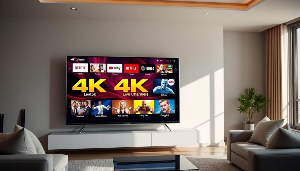 A high-resolution 4K television set displaying a vibrant, detailed comparison of 4K live IPTV channels from the Hoxtoon Provider, showcasing their exceptional quality and clarity. The television screen is the central focus, surrounded by a minimalist, modern interior design with sleek, neutral-toned furniture and ample natural lighting. The image conveys a sense of technological sophistication and the advantages of Hoxtoon's 4K IPTV offerings, inviting the viewer to experience the ultimate in home entertainment.
