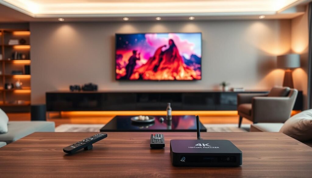 A high-resolution, cinematic image of a modern living room showcasing the latest 4K IPTV technology. The room features a large, sleek television mounted on the wall, displaying a vibrant, crystal-clear 4K image. In the foreground, a coffee table holding a remote control and a Hoxtoon Provider streaming device, emphasizing the convenience and accessibility of this advanced home entertainment solution. The middle ground depicts comfortable seating, such as a plush couch and armchair, inviting the viewer to immerse themselves in the cinematic experience. The background is filled with warm, subtle lighting, creating a cozy and inviting atmosphere. The overall scene conveys a sense of technological advancement and the evolution of home entertainment, transitioning from traditional cable to the future of 4K IPTV.