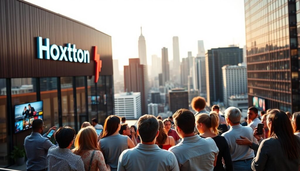 A high-resolution image depicting the Hoxtoon Provider, America's premier IPTV service. In the foreground, a sleek, modern office building with the Hoxtoon logo prominently displayed. The middle ground showcases a group of diverse customers enjoying live 4K content on various devices, including smart TVs, tablets, and smartphones. The background features a bustling cityscape, representing Hoxtoon's nationwide reach and connectivity. The scene is bathed in warm, natural lighting, conveying a sense of reliability and professionalism. The overall atmosphere exudes a feeling of cutting-edge technology, customer satisfaction, and the convenience of accessing live 4K IPTV channels anytime, anywhere.