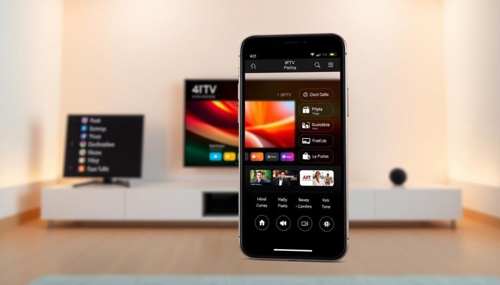 A high-resolution live streaming interface for iOS devices, showcasing the Hoxtoon Provider's cutting-edge 4K IPTV technology. In the foreground, a sleek, modern iPhone displays a vibrant, high-definition live TV feed, its screen illuminated by warm, natural lighting. The middle ground features an array of intuitive control options and navigation menus, optimized for seamless user interaction. In the background, a minimalist, studio-like setting with neutral tones and clean lines emphasizes the technical prowess and premium quality of the Hoxtoon Provider's 4K IPTV solution. The overall tone conveys a sense of cutting-edge technology, effortless user experience, and the future of high-quality, mobile-friendly live television.