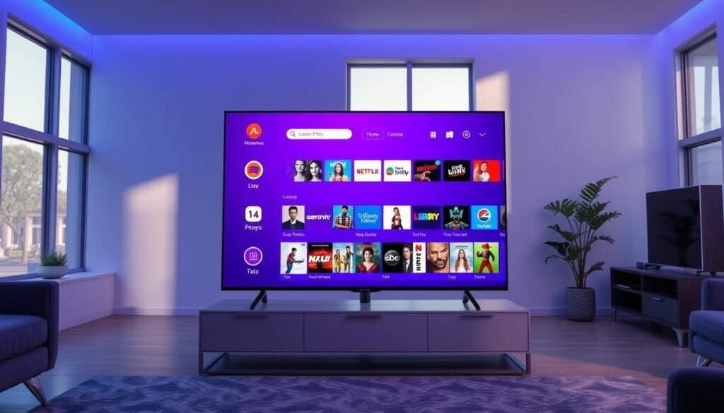 A high-resolution, sharply detailed 4K smart TV displaying a vibrant 4K IPTV live TV interface from the Hoxtoon Provider. The TV stands on a sleek, modern media console against a backdrop of a minimalist, contemporary living room with large windows letting in natural light. The interface shows a grid of live TV channels, movies, and on-demand content in a clean, user-friendly layout. Subtle blue and purple lighting creates a calming, premium atmosphere. The scene conveys the convenience, visual clarity, and entertainment possibilities of a comprehensive 4K IPTV live TV package.