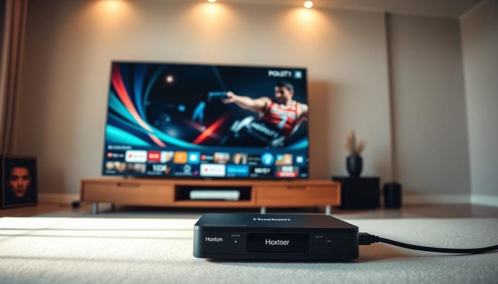 A high-resolution, ultra-detailed 4K live IPTV setup, consisting of a sleek, modern TV screen displaying a crisp, vibrant image with deep blacks and rich colors. In the foreground, a Hoxtoon Provider set-top box rests, connected to the TV via high-speed HDMI cable. The scene is bathed in warm, soft lighting, creating a cozy, inviting atmosphere. The background showcases a minimalist, contemporary living room, with clean lines and neutral tones that complement the technology. The overall composition emphasizes the ease and clarity of 4K IPTV streaming, conveying a sense of immersive, high-quality entertainment.