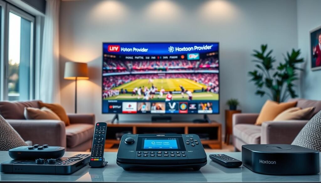 A high-resolution, vivid 4K image of a modern IPTV sports streaming service, featuring the Hoxtoon Provider brand. In the foreground, a sleek smart TV displays a live match with vibrant colors and sharp details. In the middle ground, an array of remote controls and streaming devices surround the TV, highlighting the versatility of the Hoxtoon platform. The background showcases a cozy living room setting, with plush furniture and natural lighting, creating an immersive and comfortable viewing experience. The overall scene conveys the premium quality, convenience, and enjoyment of Hoxtoon's 4K live IPTV sports offering.