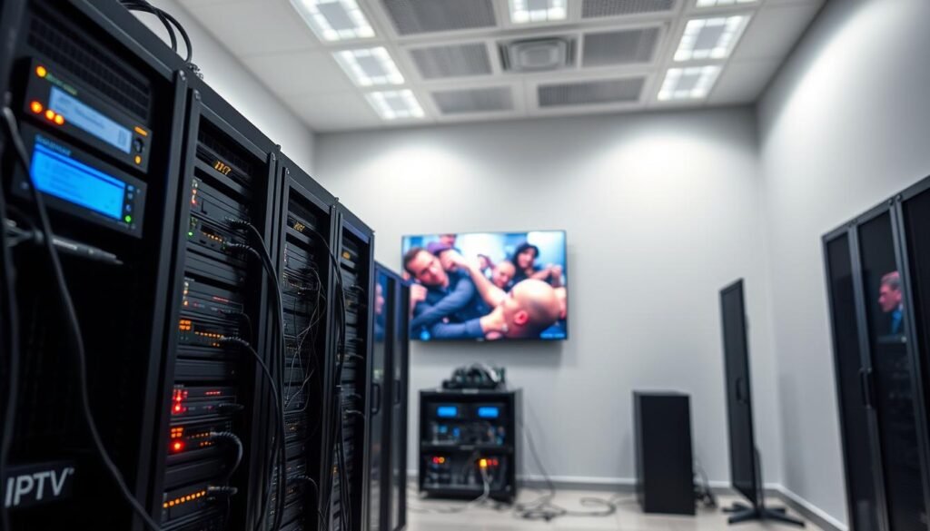 A high-tech 4K IPTV server room with sleek, modern equipment. In the foreground, a Hoxtoon Provider server rack dominates the scene, its blinking lights and intricate cabling conveying the complexity of the technology. In the middle ground, a wall-mounted monitor displays a vibrant, high-resolution 4K live feed, showcasing the visual fidelity of the IPTV system. The background is filled with a softly lit, minimalist interior design, creating a sense of sophistication and professionalism. Dramatic lighting from above casts dramatic shadows, highlighting the technical details and the precision of the setup. An atmosphere of cutting-edge innovation and reliable performance permeates the scene.