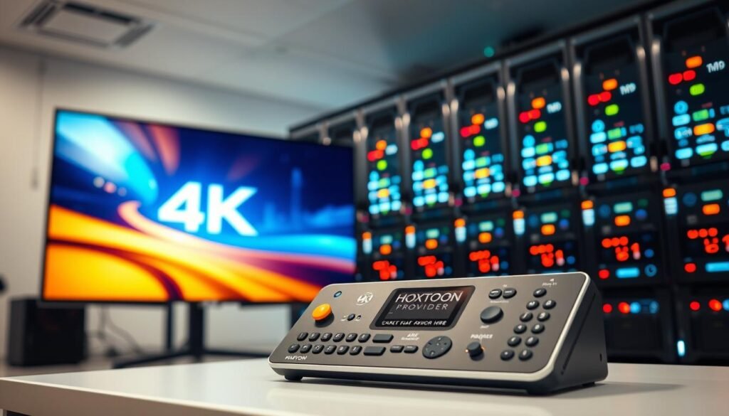 A high-tech 4K IPTV streaming platform with a clean, modern interface showcasing the Hoxtoon Provider brand. In the foreground, a sleek smart TV displays a crisp, vibrant 4K video feed. The middle ground features a minimalist media control hub with intuitive buttons and a responsive touchscreen. In the background, a cutting-edge server rack setup with flashing indicator lights conveys the powerful infrastructure powering the Hoxtoon streaming experience. Bright, diffused lighting illuminates the scene, creating a sense of clarity and sophistication. The overall composition conveys the key features that make Hoxtoon stand out as a leading 4K IPTV provider - high-quality 4K streaming, seamless user controls, and reliable, scalable technology.