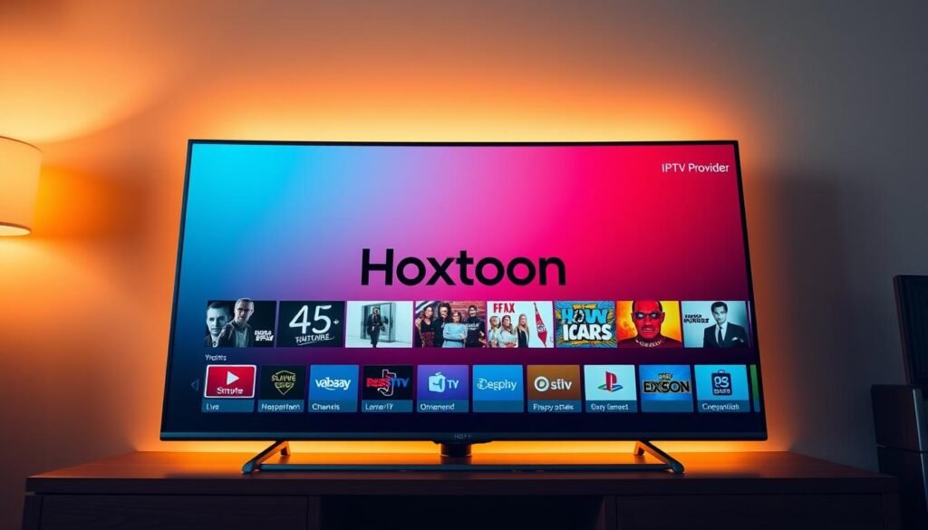 A high-tech, 4K IPTV streaming service interface displayed on a sleek, modern smart TV. The Hoxtoon Provider logo prominently positioned in the center, surrounded by a grid of live TV channels, on-demand content, and integrated streaming apps. The UI is minimalist and intuitive, with clean typography and vibrant, saturated colors. Ambient lighting casts a warm glow, creating a cozy, immersive viewing experience. The camera angle is slightly elevated, capturing the TV screen at an angle that showcases the advanced technology and premium quality of the IPTV service.