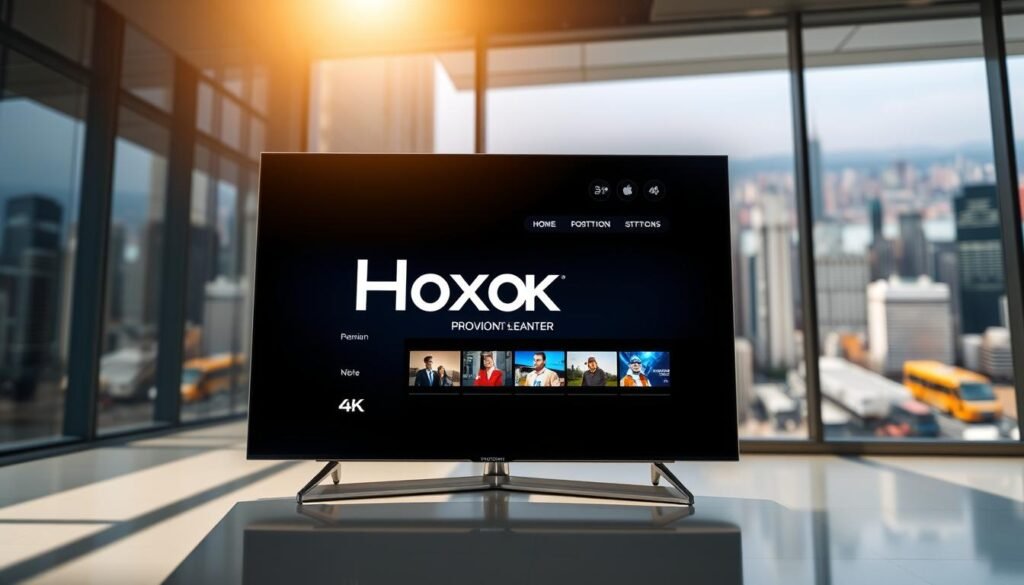 A high-tech 4K streaming service interface displayed on a modern 4K television screen. In the foreground, the Hoxtoon Provider brand logo is prominently featured, indicating a premium 4K IPTV service. The middle ground shows a clean, minimalist user interface with vivid, high-resolution video content and intuitive navigation controls. The background features a blurred cityscape, conveying a sense of connectivity and the global reach of this 4K streaming platform. Bright, natural lighting illuminates the scene, creating a sleek, futuristic atmosphere. The overall composition emphasizes the clarity, quality, and user-friendliness of this 4K IPTV service.