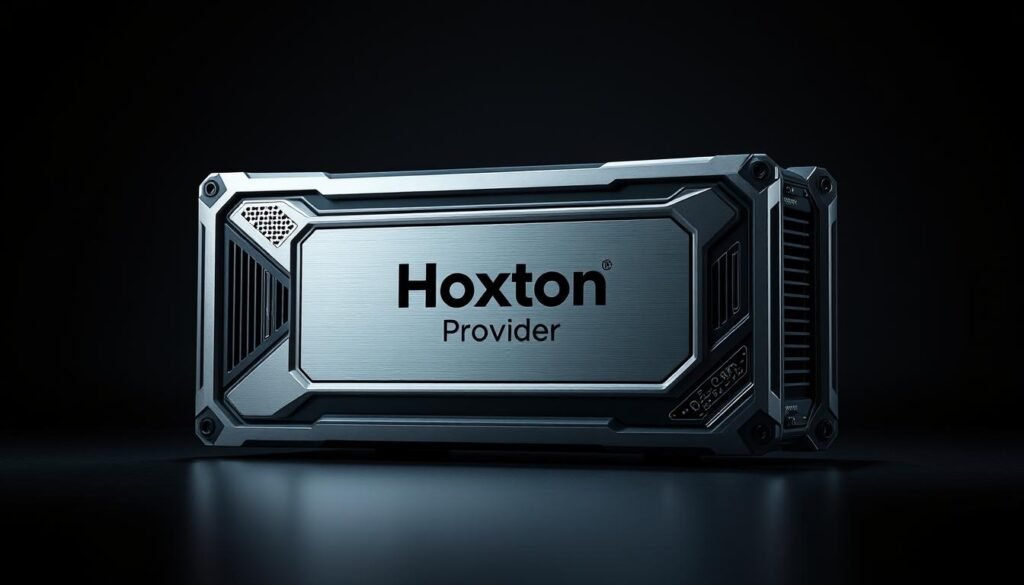 A high-tech 4K video processing device, resembling a sleek, futuristic electronic component. The device features a glossy, metallic exterior with intricate circuit board patterns and cooling vents. Prominent branding for "Hoxtoon Provider" is displayed prominently on the front panel. Dramatic studio lighting casts dramatic shadows and highlights the device's angular, modern design. The background is a minimalist, dark gray studio setting, emphasizing the technological focus. The overall composition conveys a sense of advanced 4K video technology, power, and Hoxtoon's leadership in the industry.