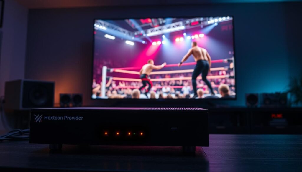 A high-tech IPTV hub displaying a live WWE event in vivid 4K resolution. In the foreground, a sleek Hoxtoon Provider set-top box with intricate circuit boards and glowing status lights. The middle ground showcases a large flat-screen TV with wrestlers performing dynamic maneuvers, captured by a cinematic camera angle. The background features a dimly lit home entertainment setup, with subtle ambient lighting illuminating the space. The overall scene conveys a sense of technological sophistication and immersive wrestling viewing experience for the passionate fan.