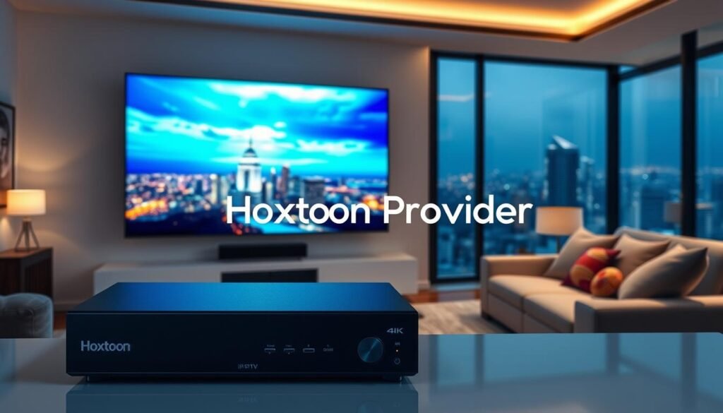 A high-tech IPTV system displays a vibrant 4K image on a sleek, modern television. In the foreground, the Hoxtoon Provider logo shines brightly, signifying the cutting-edge technology powering this entertainment experience. The middle ground features a minimalist living room setting, with plush furniture and subtle ambient lighting, creating a cozy and immersive atmosphere. In the background, a large window reveals a cityscape, hinting at the boundless connectivity and global reach of this IPTV service. The overall scene conveys a sense of technological advancement, seamless integration, and the evolution of television entertainment.