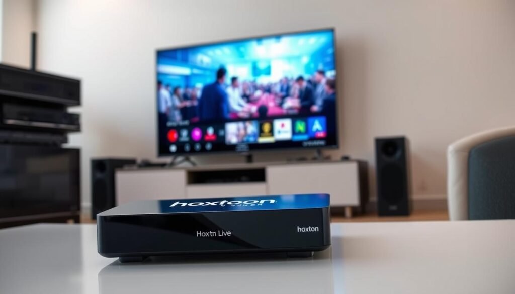 A high-tech IPTV system with modern hardware and software components. In the foreground, a sleek media streaming box with a glossy black finish, displaying the Hoxtoon Provider logo. The middle ground features a smart TV displaying a vivid 4K live stream, showcasing the advanced IPTV technology. The background depicts a minimalist home entertainment setup, with clean lines, subtle lighting, and a sense of technological elegance. The overall scene conveys the power and convenience of IPTV, highlighting Hoxtoon Provider's ability to deliver exceptional 4K live streaming experiences.