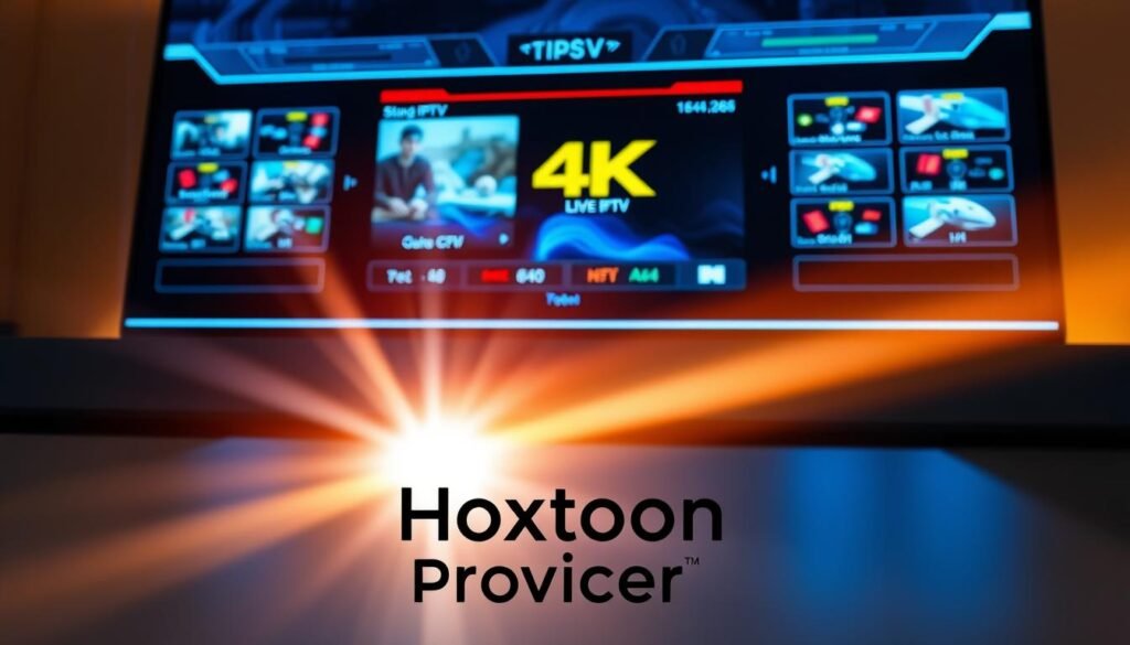 A high-tech control panel displaying a 4K live IPTV feed with crystal-clear resolution and no perceptible lag. The interface features sleek, intuitive controls and a bold, minimalist aesthetic reminiscent of cutting-edge home entertainment systems. Soft ambient lighting casts a warm glow, creating a sense of sophistication and technological prowess. In the foreground, the Hoxtoon Provider logo shines prominently, signifying the advanced capabilities of this innovative IPTV service. The overall scene conveys the power and reliability of 4K live IPTV technology, setting the stage for a revolutionary viewing experience.
