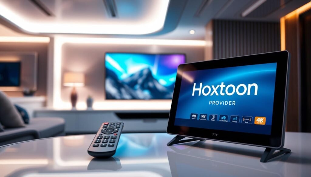 A high-tech control panel displaying the Hoxtoon Provider logo, showcasing the latest IPTV technology. In the foreground, a sleek remote control and a 4K streaming device sit atop a modern, minimalist table. The middle ground features a large, ultra-high-definition television screen displaying vivid, crisp images. The background depicts a sophisticated, futuristic interior with clean lines, subtle lighting, and a sense of technological sophistication. The overall scene conveys the power and convenience of IPTV, catering to the needs of the modern, on-the-go traveler.