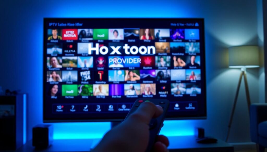 A high-tech control panel displaying the Hoxtoon Provider logo, with a grid of colorful video feeds representing various IPTV channels. The panel is bathed in a soft blue glow, creating a futuristic and immersive atmosphere. In the foreground, a sleek remote control hovers, indicating the user's ability to seamlessly navigate the IPTV interface. The middle ground features various icons and menus, showcasing the depth of customization and options available. The background is a dimly lit room, hinting at the cozy and cinematic experience of enjoying IPTV in a home setting.