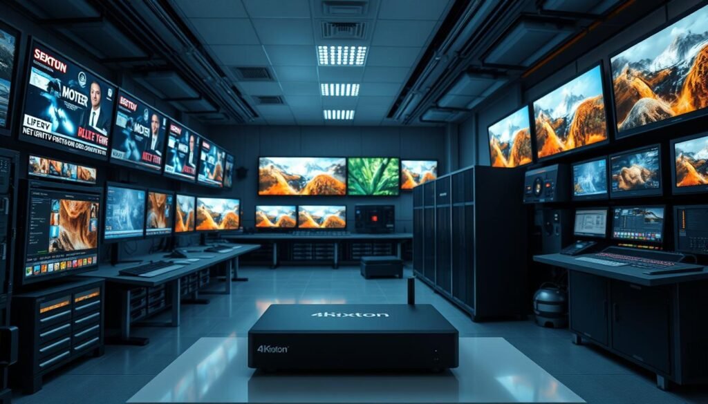 A high-tech control room filled with sleek, state-of-the-art equipment. Powerful servers and networking gear hum softly, displaying the Hoxtoon Provider logo. Rows of high-definition television screens showcase vibrant 4K IPTV content, ranging from live news to immersive nature documentaries. Soft, ambient lighting creates a professional yet inviting atmosphere, while a bank of monitors and control panels allow technicians to effortlessly manage the service. In the foreground, a 4K IPTV set-top box sits prominently, its minimalist design a testament to the cutting-edge technology that powers the Hoxtoon Provider's reliable and visually stunning 4K IPTV experience.