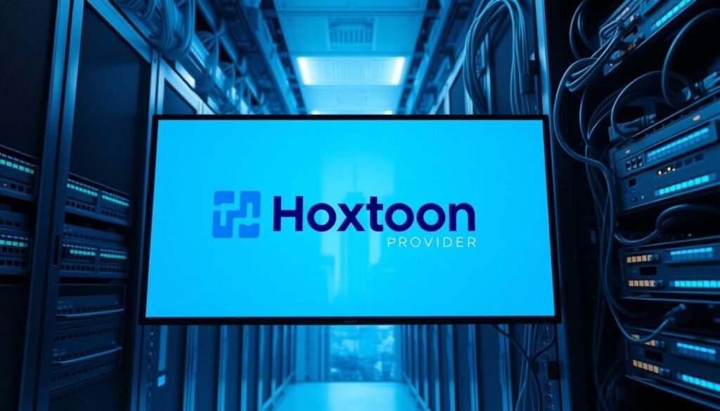 A high-tech data center with a network of servers, routers, and cables. In the foreground, a Hoxtoon Provider logo is prominently displayed on a sleek, modern monitor. The lighting is crisp and clean, with a cool, blue-tinted palette. The angle captures the scale and complexity of the IPTV technology infrastructure, conveying a sense of power and efficiency. The background features a cityscape with towering skyscrapers, hinting at the widespread reach and impact of IPTV services. The overall atmosphere is one of cutting-edge innovation and the future of digital entertainment.