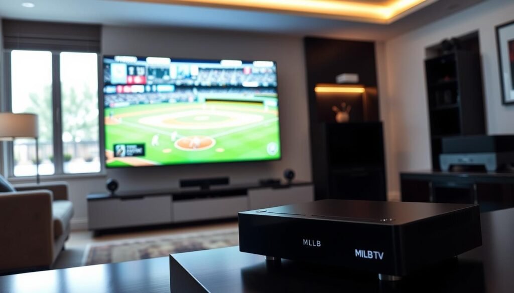 A high-tech digital entertainment hub showcasing the Hoxtoon Provider IPTV technology for seamless MLB game streaming. In the foreground, a sleek black set-top box stands prominently, its LED indicator pulsing with real-time data. The middle ground features a 4K Ultra HD television displaying a live MLB game, with the camera positioned to capture the vivid, lifelike details. In the background, a modern home entertainment setup completes the scene, including a high-end sound system and smart home controls, all integrated into the Hoxtoon Provider IPTV ecosystem. The lighting is soft and ambient, creating a cozy atmosphere for an immersive sports viewing experience.