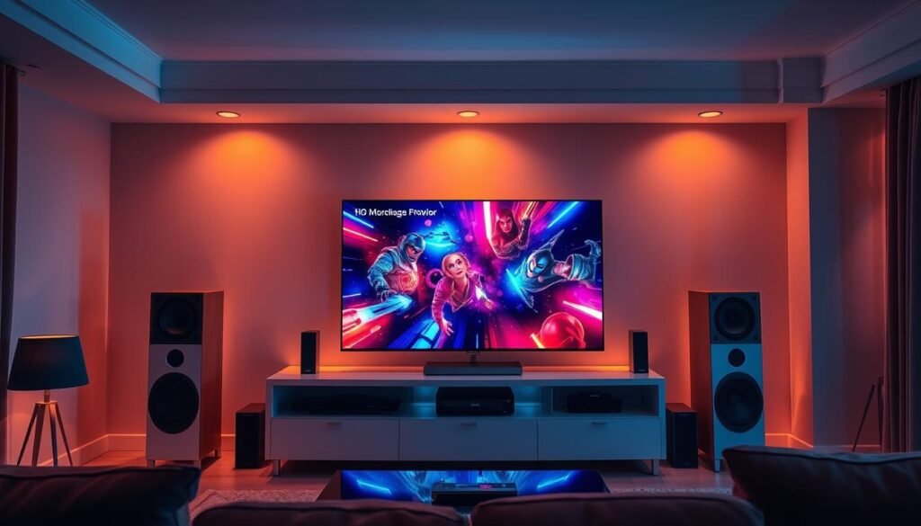 A high-tech home entertainment setup featuring a flat-screen television displaying a vibrant 4K IPTV live stream from the Hoxtoon Provider service. The living room is bathed in warm, diffused lighting, creating a cozy and immersive atmosphere. The television is positioned on a modern, minimalist entertainment center, surrounded by sleek speakers and other home theater equipment. The scene conveys a sense of seamless, buffer-free viewing experience, with no visible distractions or interruptions, reflecting the article's focus on "Seamless IPTV 4K Live Viewing, No Buffering."
