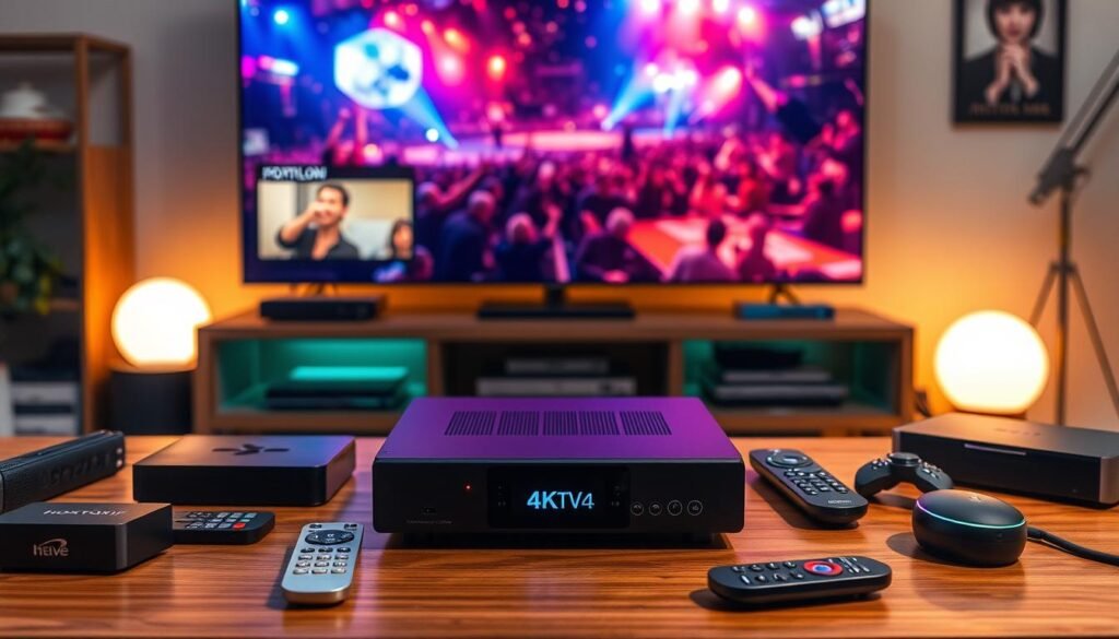 A high-tech home entertainment setup with a Hoxtoon Provider IPTV4K device prominently displayed. The device is surrounded by streaming media accessories, remote controls, and smart home devices, all bathed in a warm, inviting lighting. In the background, a large 4K TV screen displays vivid, dynamic live content, showcasing the impressive image quality and real-time responsiveness of the IPTV4K system. The overall scene conveys the power, convenience, and immersive experience of the IPTV4K live features.