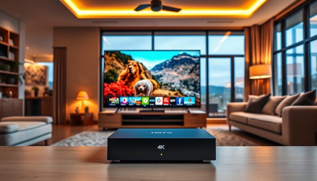 A high-tech home entertainment setup with an ultra-high-definition 4K IPTV service by Hoxtoon Provider. In the foreground, a modern flat-screen TV displays a vibrant, crystal-clear live TV channel. The middle ground features a sleek, minimalist streaming device or set-top box connected to the TV. The background showcases a cozy, stylish living room with contemporary furnishings, warm lighting, and large windows offering a scenic outdoor view. The overall atmosphere conveys a sense of comfort, convenience, and cutting-edge technology for an immersive 4K IPTV live TV experience.
